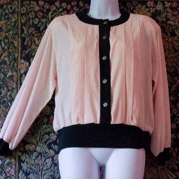 Vintage Tops - Peach Black Blouse Vintage button up Josephine